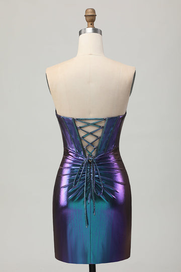 Metallic Blue Purple Strapless Keyhole Corset Tight Homecoming Dress